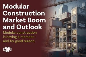 Workers assembling modular building units at a construction site, representing growth in the modular construction industry.